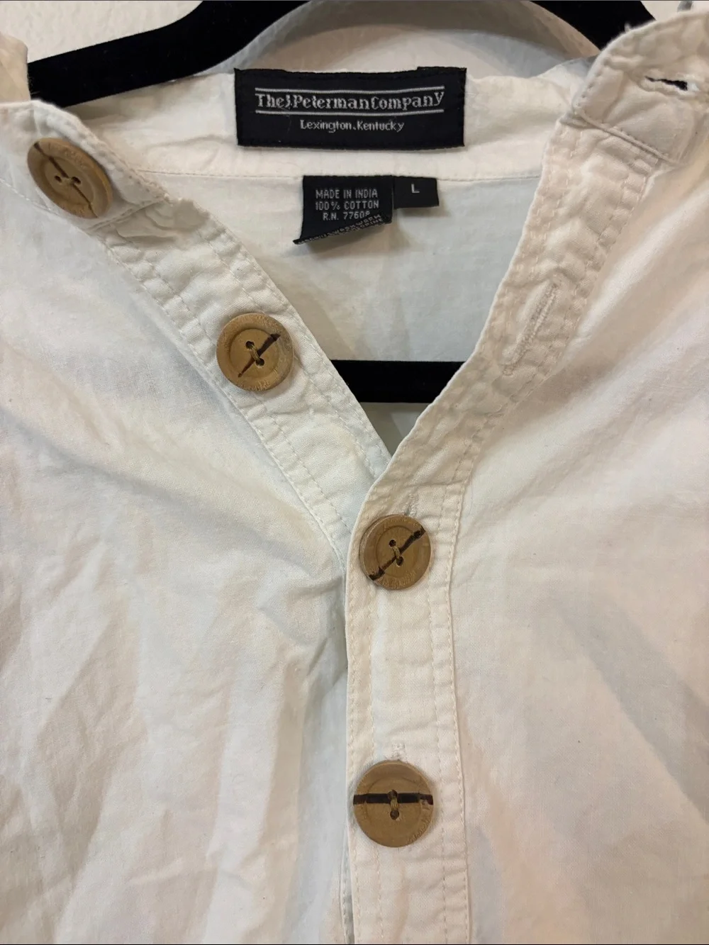 VTG 80s 90s J Peterman White Cotton Poet Shirt Mens L Gatsby Henley Band Collar